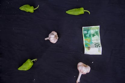 Tres pimientos y dos cabezas de ajo cuestan unos 50 séqueles, unos 12 euros, en la zona norte de la Franja, donde los precios son especialmente elevados porque llega muy poca ayuda humanitaria.
"El kilo de pepinos ha llegado a costar 100 dólares. Nadie puede comprar verduras a ese precio. Los más afortunados compran un pepino, un tomate, una cebolla, si tienen suerte y los encuentran", explica desde el centro de la franja de Gaza a este periódico Samir Zaqut, de la ONG palestina Al Mezan.